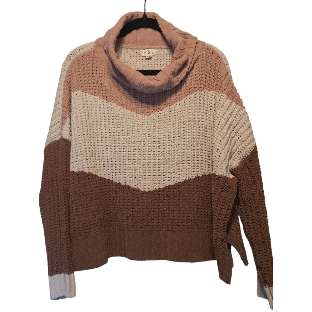 POL Colorblock Cowl Neck Cabincore Sweater Pink Cream Brown S/M A1011